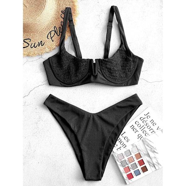WJSM Naisten Ribbed Underwire Bikini High Cut V-aukko Smocked Uimapuvut Painettu Korkeat Jalat Uimapuvut Black-7