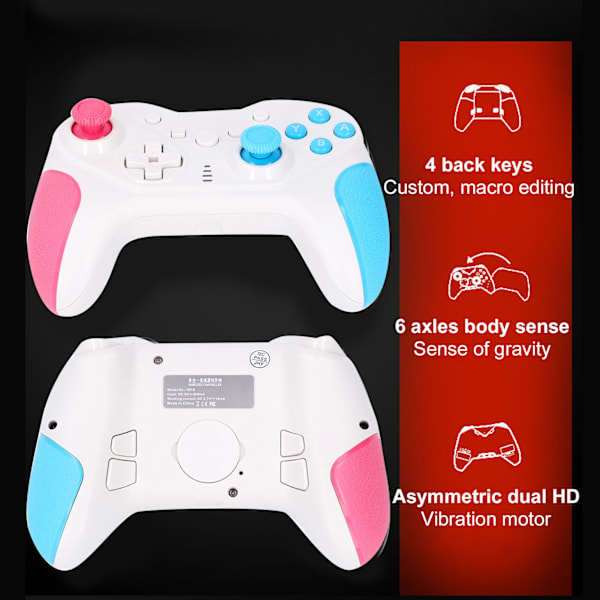 Trådløs Spilcontroller med 4 Programmerbare Knapper, 6-Akset Sensor, USB-Controller til Konsol, Pink Blå