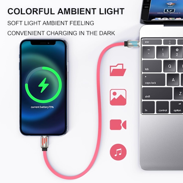 240W 4-in-1 USB-C-kaapeli, monikaapeli hengittävällä valolla, PD 5A nopea lataus ja datansiirto silikonilla yhteensopiva iPhonen, Samsungin ja kannettavan tietokoneen kanssa Pink 1.5m