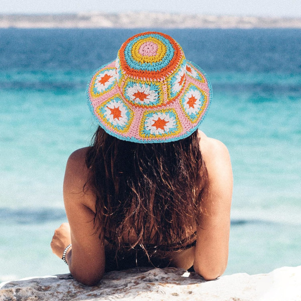 Floppy strå solhatt Vikbar packbar bred brättad sommar strandhatt Virkad bucket hatt för kvinnor Pink