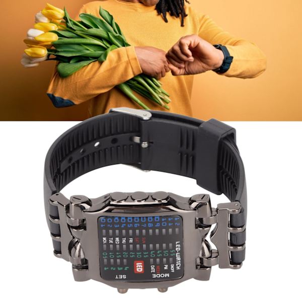 Herr LED-klocka Klassisk mode herr rektangulär klocka med binär tidsläge display för affärsdaglig användning (svart skal svart bälte )