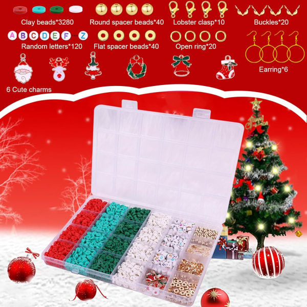3500 STK Christmas Clay Beads Kit til armbåndsfremstilling, polymer Heishi-perler til smykkefremstilling, brevperler, venskabsarmbåndssæt med jul Christmas
