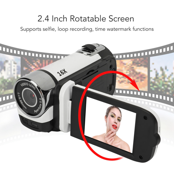 D90 1080P 16MP Digitalkamera 2,4 tums roterbar skärm Videokamera 16x zoom HD-videobandspelare med fyllningsljus White