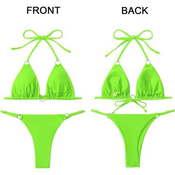 WJSMSexy Bikinier til kvinder 2-delt bikini med spaghettistropper badedragter ensfarvet badetøj trekant badedragt Fluorescent Green XL