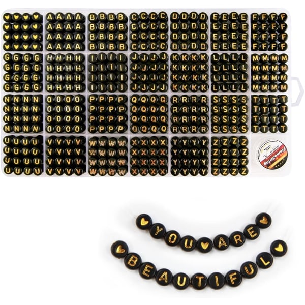 Pärlor, bokstavspärlor, alfabetpärlor i 28-rutnätslåda (4 x 7 mm (runda pärlor, 1 mm hål), guldbokstäver och svart bas) Gold Letters & Black Base