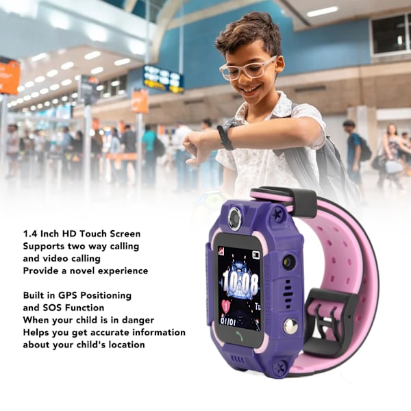 Lasten puhelin kello HD kosketusnäyttö GPS-paikannus SOS vedenpitävä lasten soittokello askelmittarilla, kamera, herätyskello Purple