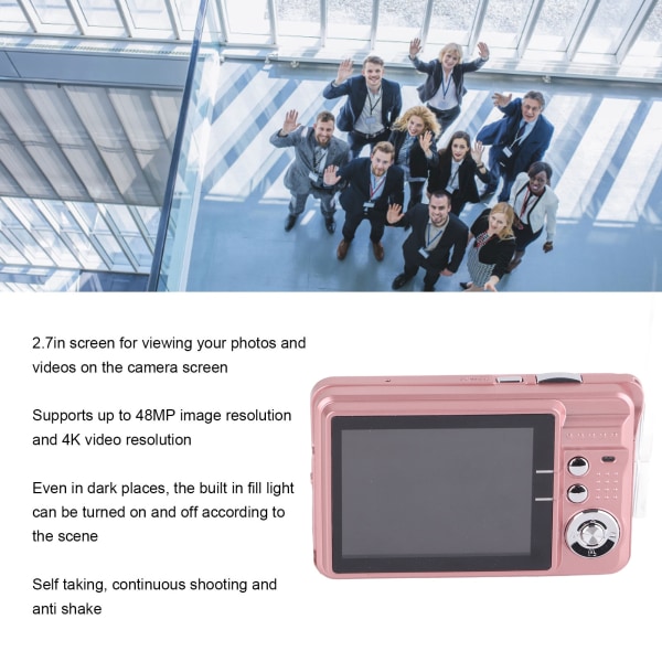 4K digitalkamera 48MP 2,7 tommers LCD-skjerm 8x zoom anti-shake vloggingkamera for fotografering kontinuerlig fotografering Pink