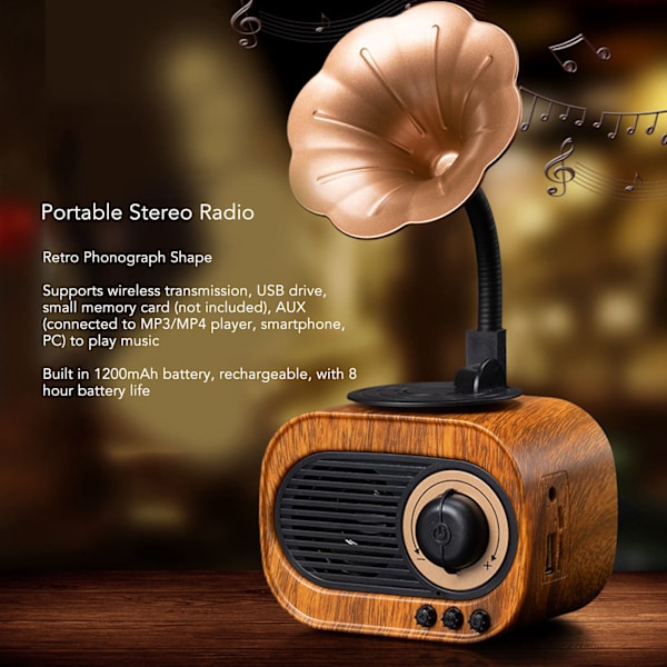 Bluetooth-högtalare i retro-grammofonform, laddningsbar, bärbar, trådlös stereoradio