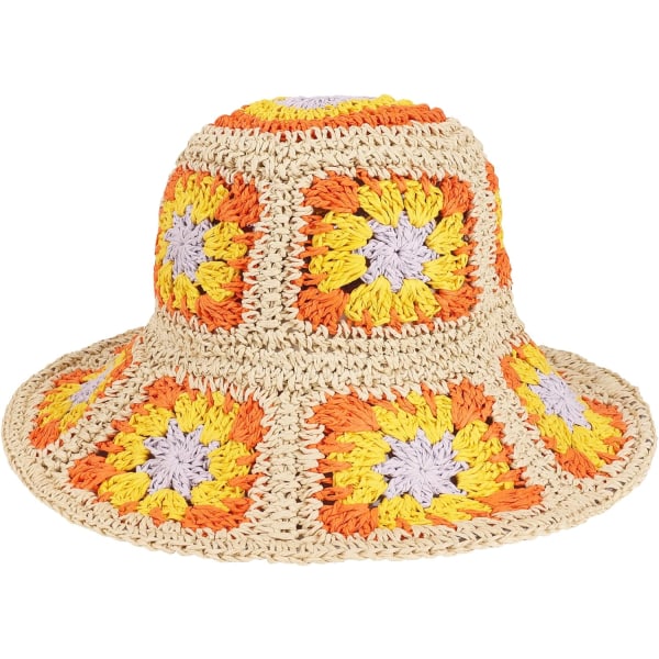 Floppy strå solhatt Vikbar packbar bred brättad sommar strandhatt Virkad bucket hatt för kvinnor Orange