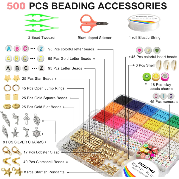 5100 Clay Beads Armbånd Making Kit, Flat Preppy Beads for Friendship Smykker Making, Polymer Heishi Perler med Charms Gaver til tenåringsjenter Håndverk for