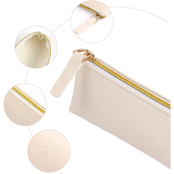 2 st Läderpennfodral, Smalt Design Litet Pennafodral Pennväska Blixtlås Pennfodral Väska Kontorsmaterialfodral Väska för Pennor, Blyertspennor, Markörer (Svart & Be Black Beige