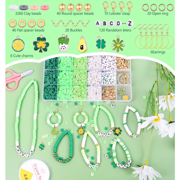 3500 ST Green Clay Beads Kit för armbandstillverkning, Polymer Heishi-pärlor för smyckestillverkning, Friendship Armband Kit för vuxna flickor, Spacer Letter Green