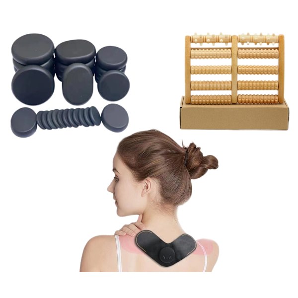 Relax Paket - Hot Stone + Elektrisk Nackmassager + Fotmassage Trä
