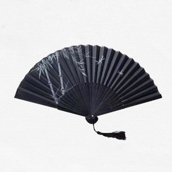 Double Silk Fan with Tassel - Black/White Branches + Bamboo