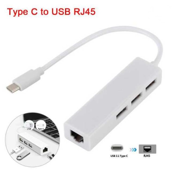 3 portar kabel + Ethernet - USB 3.1 Type-C till USB HUB 2.0 Vit