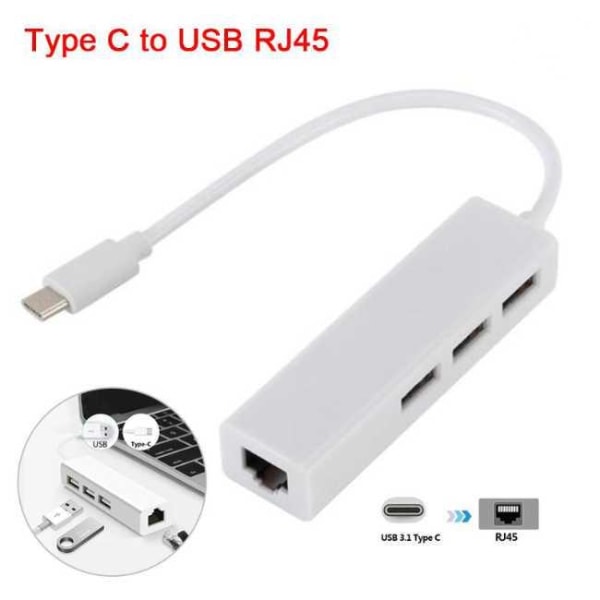 3 portin kaapeli + Ethernet - USB 3.1 Type-C - USB HUB 2.0 Vit