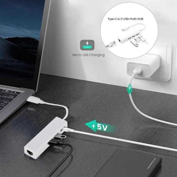3 portin kaapeli + Ethernet - USB 3.1 Type-C - USB HUB 2.0 Vit