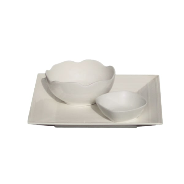 Spisestel i porcelæn B007 Tallerken, skål og bølgede kanter - 10 Vit