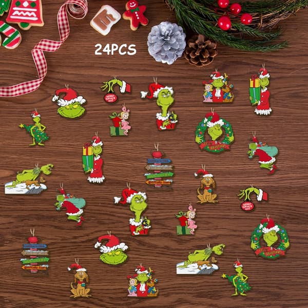 24 delar gröna monster jul trä hängande ornament