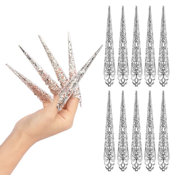 Nagelspetsar, kloformade ringar, knogskydd, Halloween cosplay, dans, guld.