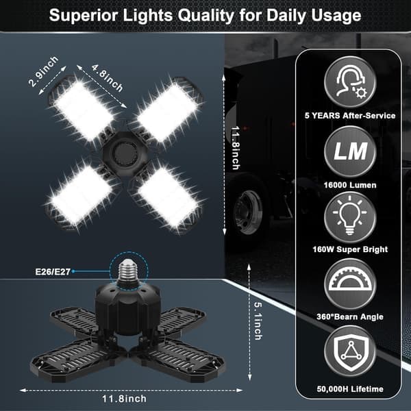 2-pack 150W LED Garage Lighting - 15000LM 6500K Workshop Lights with 4 Adjustable Panels, E26/E27 Base for Warehouse Basement
