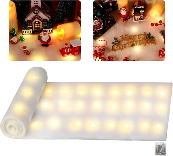 LED Julefalsk Snøteppe Rull med Lys, 177,8 x 44,9 cm Kunstig Snøteppe med 50 LED Lyslenker, Vinterdekorasjon til Jul