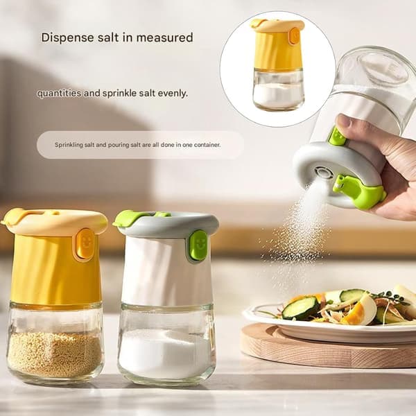 Robust glass container for salt and pepper - with push button for easy dispensing - space-saving glass spice bottle