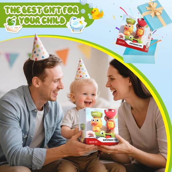 Badeleker i fossefallstil egnet for barn i alderen 1-3 år; interaktive andebadeleker med sterke sugekopper egnet for barn i alderen 2-4 år.