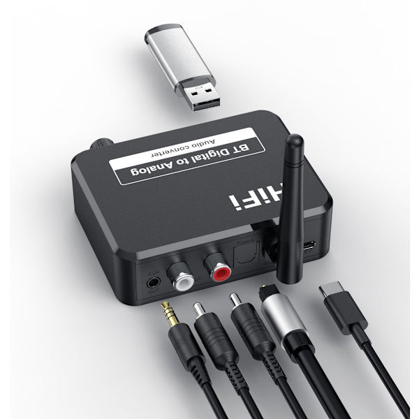Bluetooth Audio Adapter - BT 5.3 - SPDIF/3.5mm AUX//RCA/USB - Bluetooth Audio Receiver - B35T - Sort