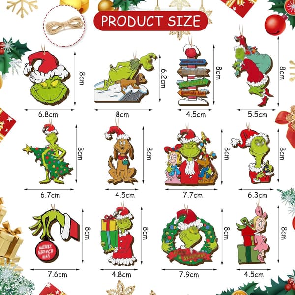 24 delar gröna monster jul trä hängande ornament