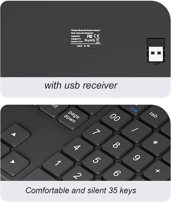 Bluetooth-nummerplade, 2.4G numerisk tastatur Numpad, 35 taster, genopladelig finansiel regnskabs-numerisk plade til bærbar stationær pc (sort)