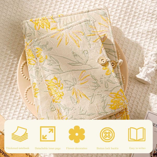 A6-bind med broderet blomsterjournal, reb-bundet knapbindende notesbog, genopfyldelig 6-ringsbind, 180 sider papir, personlige planlæggerbind