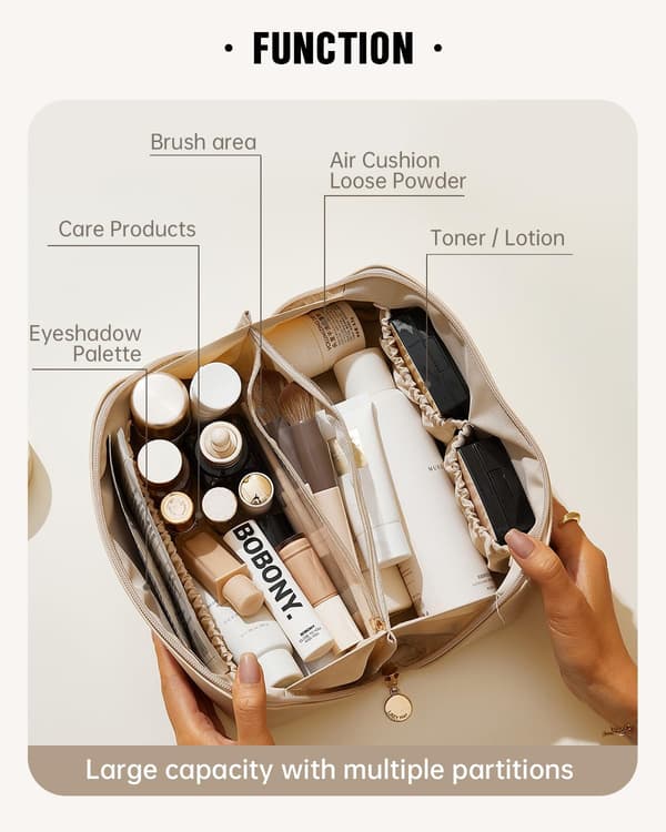 Rejse makeup taske til kvinder, PU læder kosmetiktaske, hvid, medium