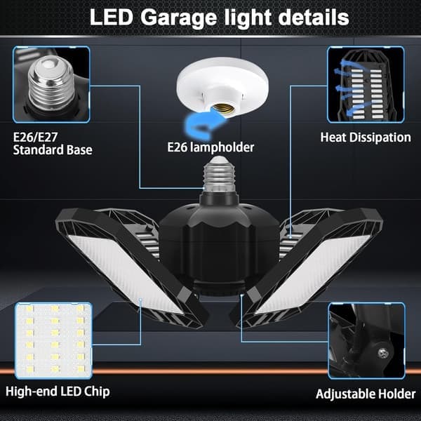 2-pack 150W LED Garage Lighting - 15000LM 6500K Workshop Lights with 4 Adjustable Panels, E26/E27 Base for Warehouse Basement