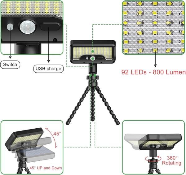 92 LED solcellelampe med bevegelsessensor, blekksprutstativ, USB/solcellelading, 3 moduser IP65 vanntett – 1 pakke