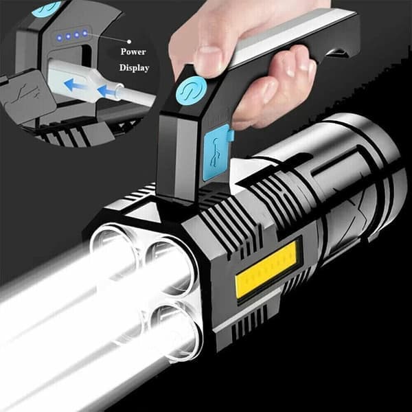 LED Flashlight USB Rechargeable, High Lumen Tactical Light with Side Light, 4X LED, Zoomable, Handheld Super Strongest Flashlights, Portable Torch