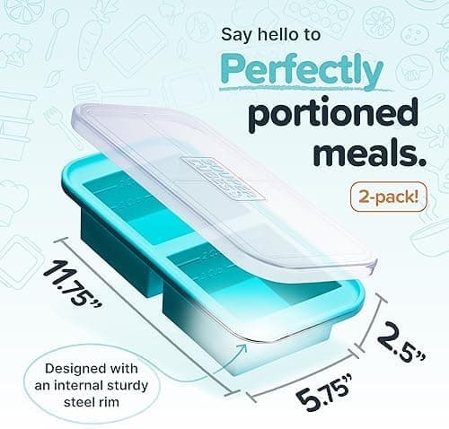 2-koppars silikonformar med lock – För att frysa lasagne, rester, soppor, såser, grytor, förberedda kuber, etc. – Akvamarin 2-pack