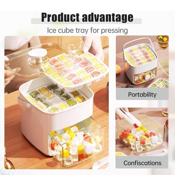 Portable Ice Maker with Lid and Storage Container (48 Ice Cubes) — Ice Cube Mold with Hidden Handle — One-Touch Ice Release White White White