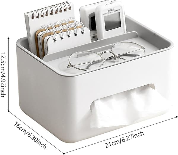Tissue Box with Remote Control Organizer, Rectangular Tissue Case for Living Room, Bedroom, and Tabletop Storage (White and Gray)