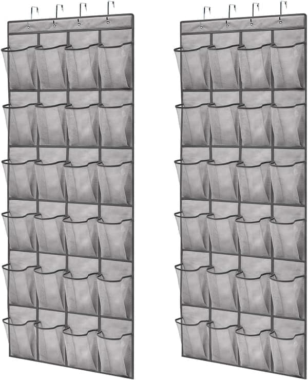 Door Shoe Organizer, 2-Pack - 24 Mesh Pockets, Hanging Storage for Closet, Holds 40 lbs, Space-Saving (Grey)
