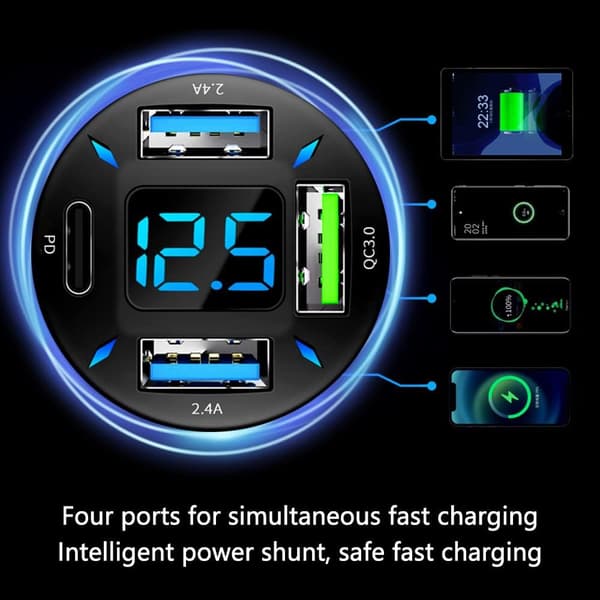 Billader 66W Superrask Lading med USB PD&QC 3.0 (Voltmeter og LED-lys) Universell Hurtiglading