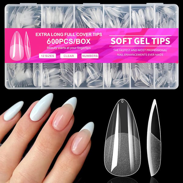 600 Mandelformede Negletips – Bløde Gel Tips til Negleforlængelser – 12 Størrelser Akryl Tips til Salon- og Hjemmebrug – DIY Manicure Sæt