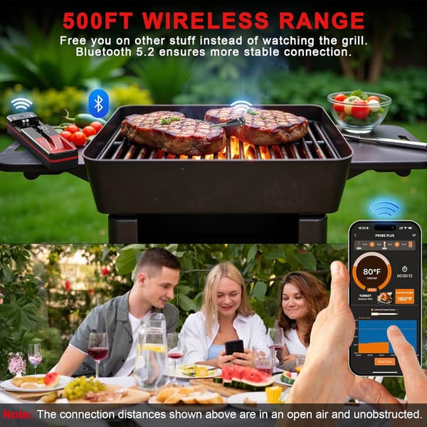 Smart Bluetooth steketermometer, trådløst kjøtttermometer med lang rekkevidde for ovn, grilling, røyking, BBQ og airfryer, digital dobbel sensorprobe