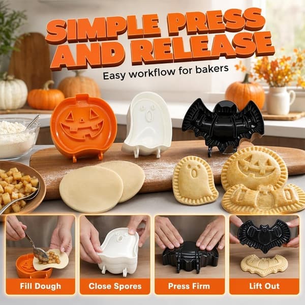 Mini Hand Pie Molds Set, 3 Pcs Pumpkin Bat Ghost Pie Press for Baking, Create Cute Pocket Pies Easily, Small Pastry Baking, 6 Pcs