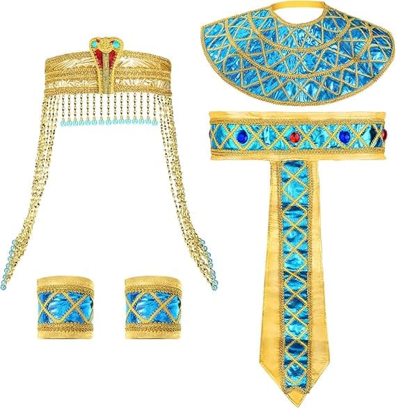 4-delt egyptisk kostymetilbehør for kvinner inkluderer en egyptisk prinsessehodeplagg, slangehodeplagg og armbånd.