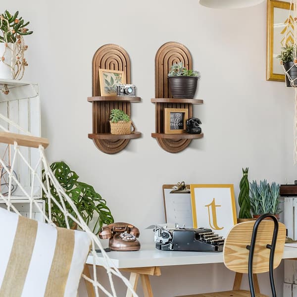 2 st Boho Regnbågsbåge Trä Flytande Hylla – Mid-Century Väggmonterad Display för Barnkammare, Sovrum, Vardagsrum – Brun