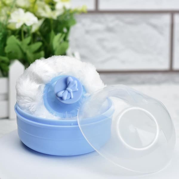 Empty Powder Box with Puff - Portable Refillable Body Powder Container - Blue Plastic Box with Ribbon Applicator - Travel and Home Use