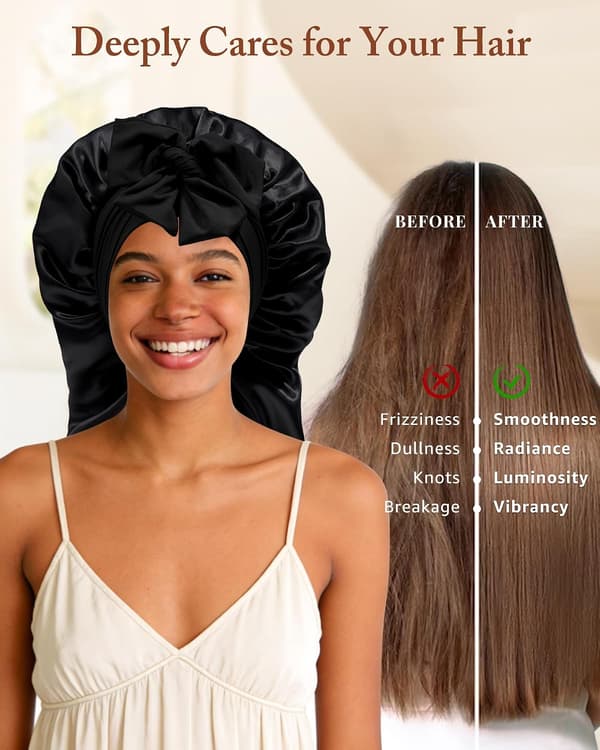 Sateng nattlue, lang satenghette med elastisk bånd, myk hårhette for langt krøllete hår