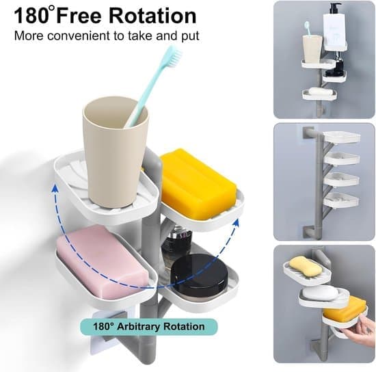 4-Tier Soap Shelf – Soap Holder – Soap Dish – Swiveling & Self-Draining – No-Drill Installation – Bathroom & Shower – Off-White