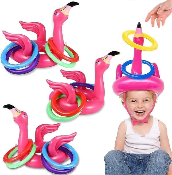 Oppustelig flamingo poolring kasteleg til børn, poolfest ringkasteleg [D]